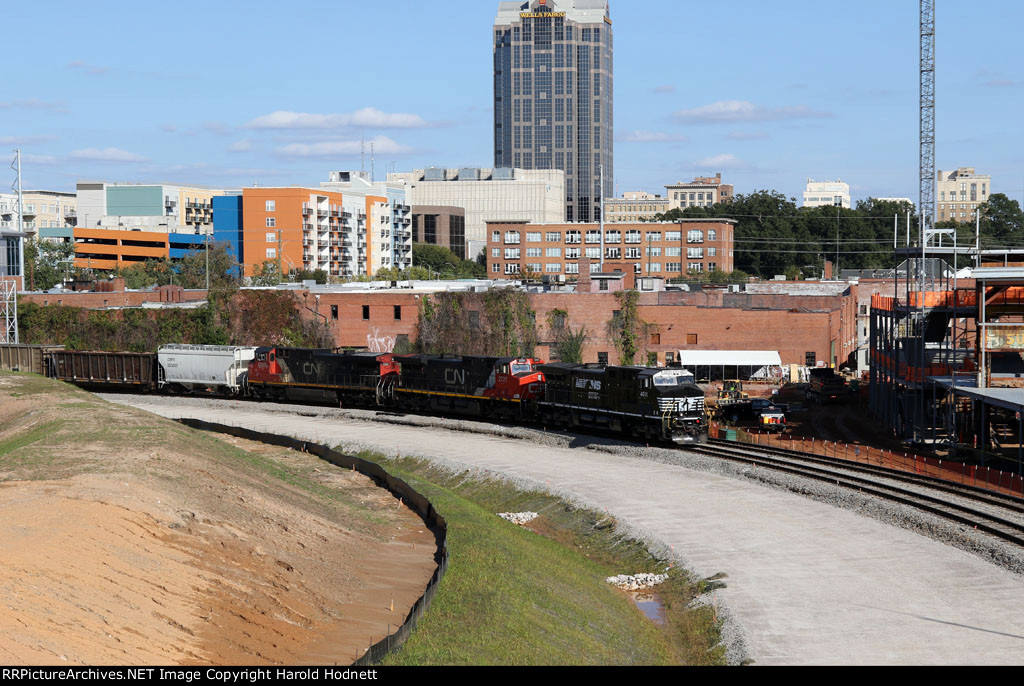 NS 4011 leads 2 CN units and train 351 towards Boylan Junction